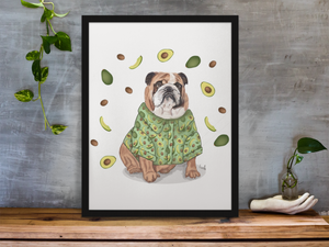 Retrato Bulldog camisa aguacates